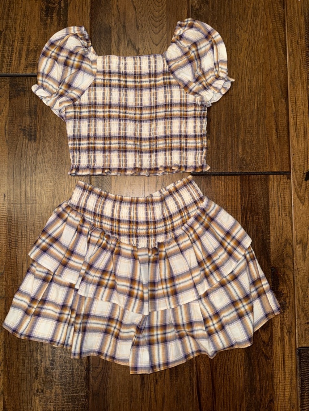 Chelsea&Violet Girls Plaid Smocked Top+Ruffled Skirt. Ivory+Brown. Size 7. NWOT